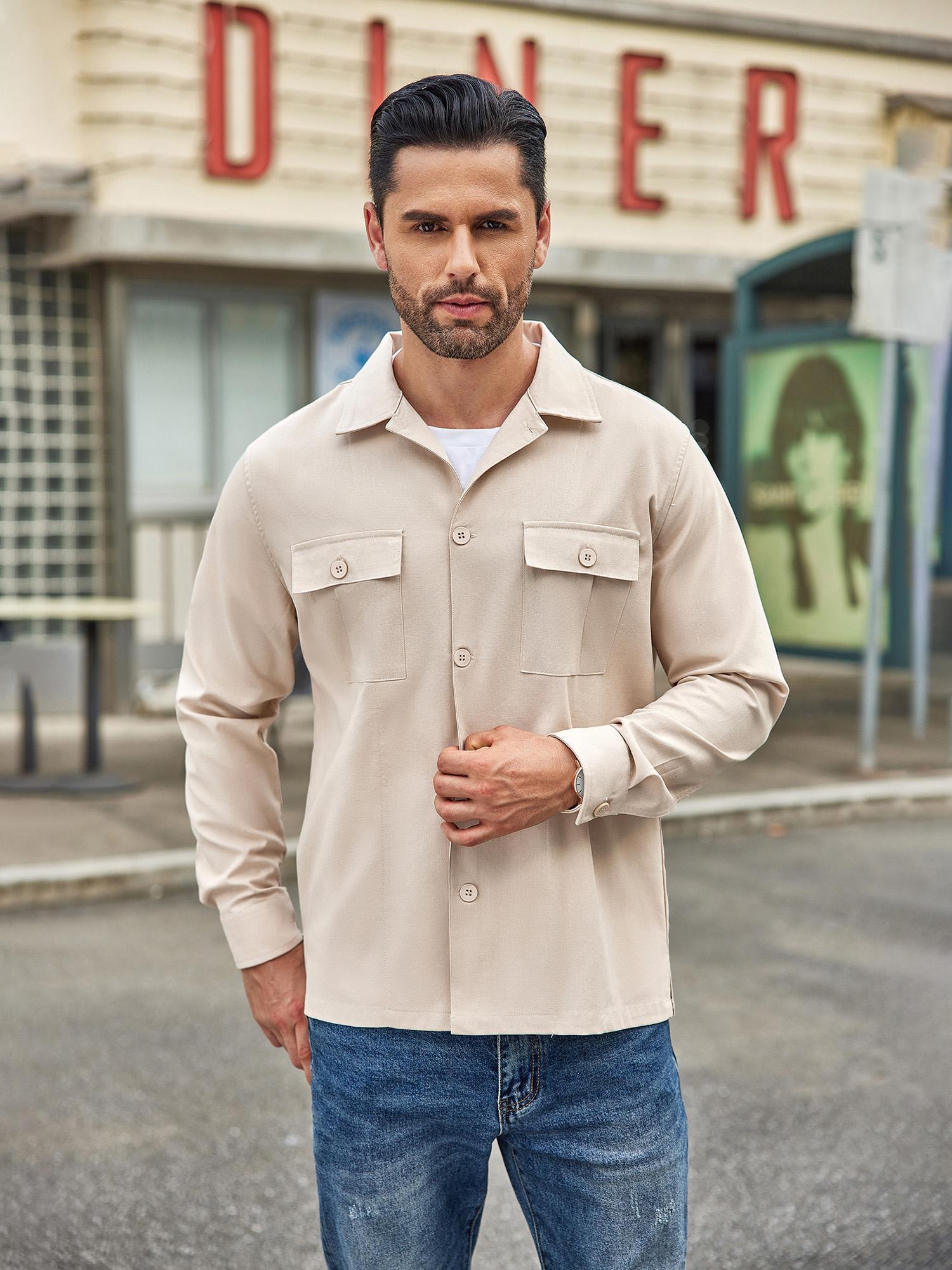 Men's Casual Shirt Jacket Linen Shacket Lightweight Work Coat Button Down Overshirt